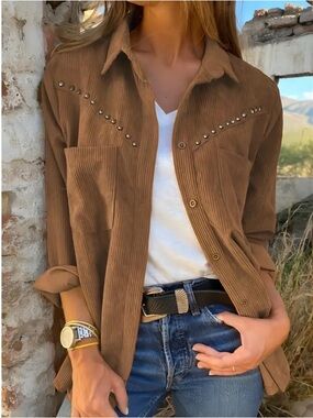 Western Style Stud-Accent Button Shirt Jacket in Brown Ladies Clothes